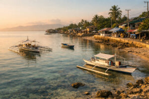 Early morning shoreline scene for a Moalboal Travel Guide with calm water and small boats near the coast