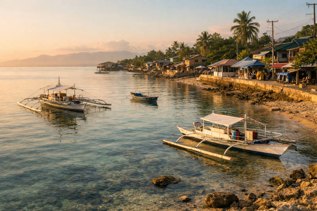 Early morning shoreline scene for a Moalboal Travel Guide with calm water and small boats near the coast