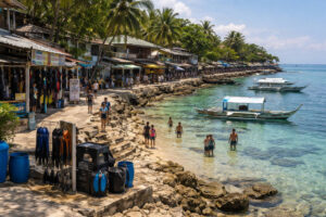 Panagsama Beach scene for a Moalboal Travel Guide with rocky shoreline and nearby activity access