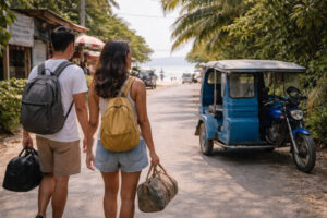 Moalboal weekend trip arrival scene near Panagsama Beach with a calm road-to-sea feel