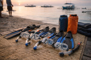 Moalboal weekend trip early morning snorkeling setup near Panagsama Beach for the Sardine Run