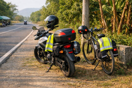 No expressway routes Luzon small motorcycle roadside stop with bicycle, small motorcycle, and visible safety gear
