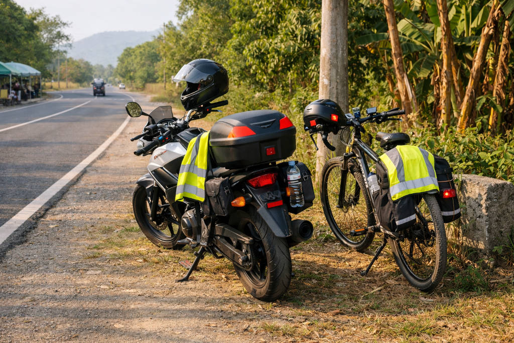 No-Expressway Travel In Luzon: Planning And Safety For Cyclists And Small Motorcycles Under 400cc No expressway routes Luzon small motorcycle roadside stop with bicycle, small motorcycle, and visible safety gear
