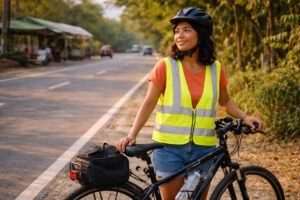 No expressway routes Luzon bicycle Mika smiling with visible riding gear during a Luzon daylight stop
