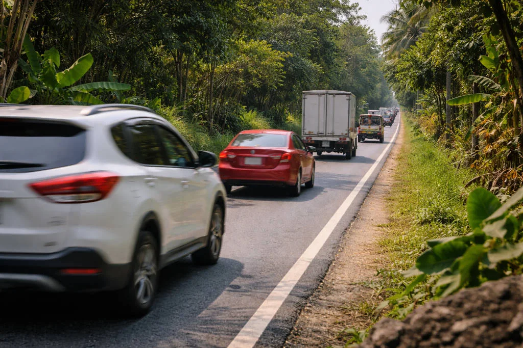 No expressway routes Luzon small motorcycle higher-risk road cue with no shoulder and fast traffic mix in Luzon