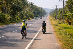 No expressway routes Luzon small motorcycle safer road cues with wide shoulder and good visibility on a Luzon national road
