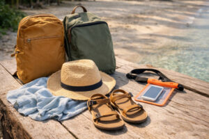 Small travel bags and sandals ready for a short Malapascua Island boat crossing