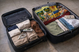 Comparing carry-on and checked baggage for Philippines domestic flights during packing.