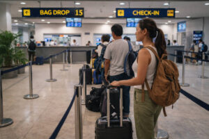 Calm check-in line for Philippines domestic flights at a Philippine airport terminal.