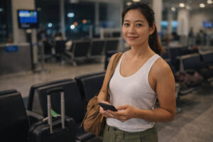 Mika smiling softly before Philippines domestic flights with a small bag and relaxed posture.