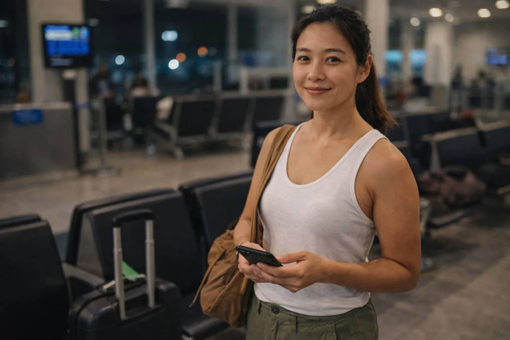 Mika smiling softly before Philippines domestic flights with a small bag and relaxed posture.