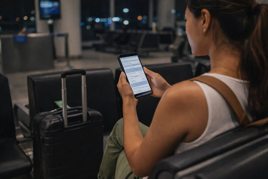 Offline screenshots saved on a phone before Philippines domestic flights at the terminal.