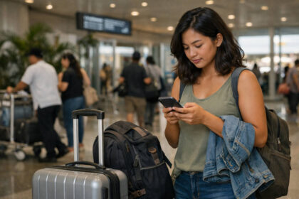 Philippines esim: Traveler setting up an eSIM after arrival at a Philippine airport