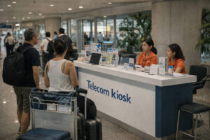 Airport telecom counter where travelers can buy a SIM or eSIM after landing