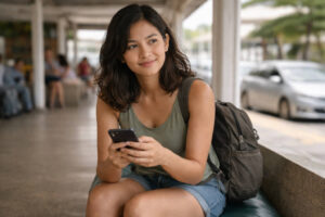 Traveler checking phone settings while waiting for a transfer in the Philippines