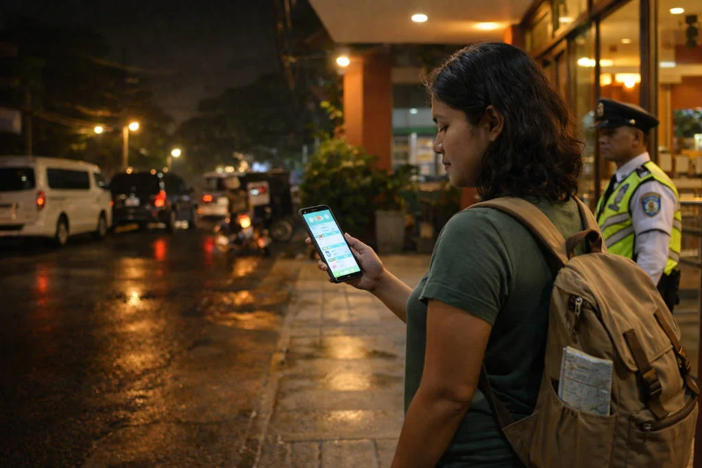 Traveler checking a booked ride at a hotel entrance for Philippines safety at night