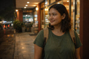 Mika near a bright hotel entrance showing calm Philippines safety at night habits