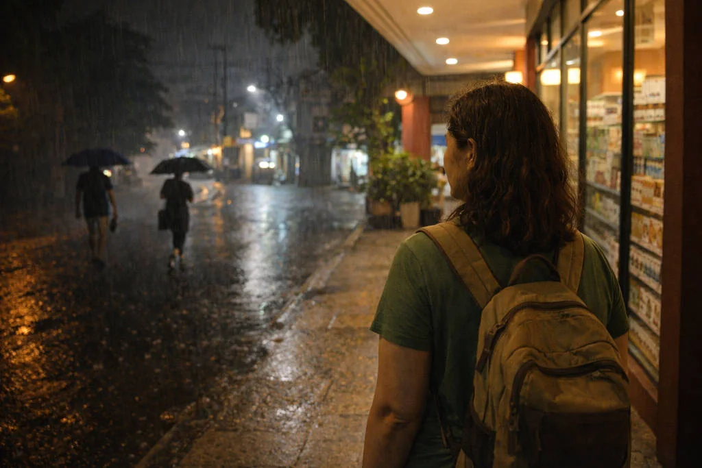 Traveler waiting under shelter during rain for Philippines safety at night
