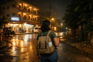 Philippines Safety at Night: Tourist on a well-lit Philippine street at night choosing a safe route for Philippines safety at night