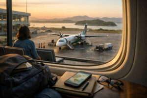 Calm early-morning airport mood for Puerto Princesa to Batanes travel planning