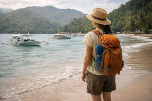 Traveler at Sabang shoreline during Underground River planning stop