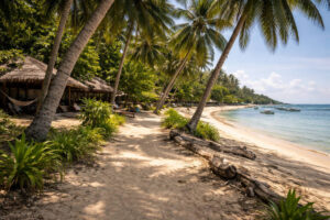 Quiet side of Malapascua Island with sand path and coconut trees
