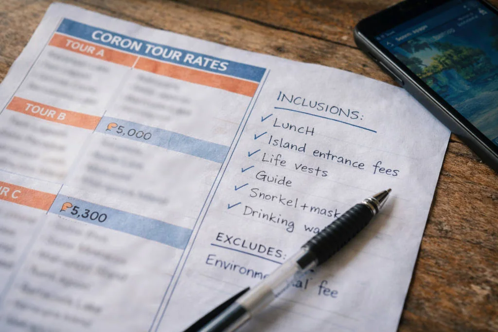 Price and inclusions check before paying for a Coron tour in a guide about scams in Coron