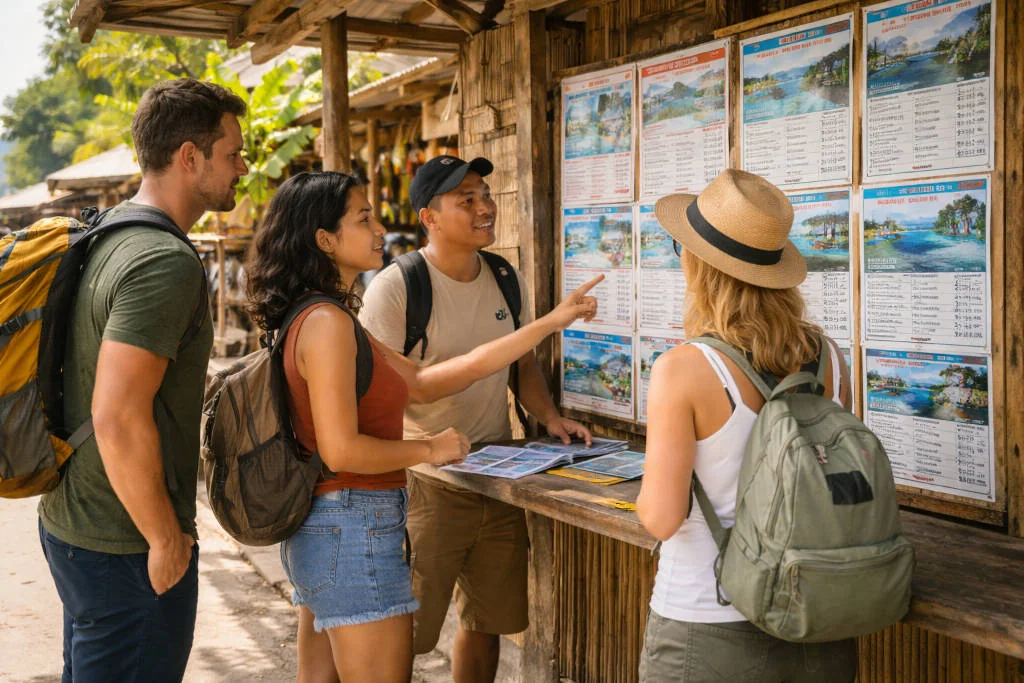 Coron tour booking area showing why checking inclusions matters in scams in Coron