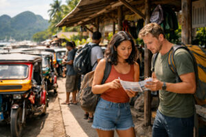 Typical local transport scene in Coron for travelers comparing fares calmly and learning about scams in Coron