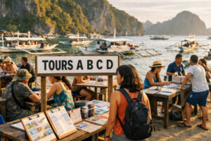 El Nido waterfront booking area showing a Tours A B C D sign, scams in El Nido planning context