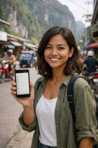 Mika Santos smiling while reviewing a safety checklist in El Nido, scams in El Nido awareness