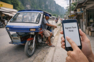 Tricycle transport in El Nido before agreeing on fare, scams in El Nido pricing clarity