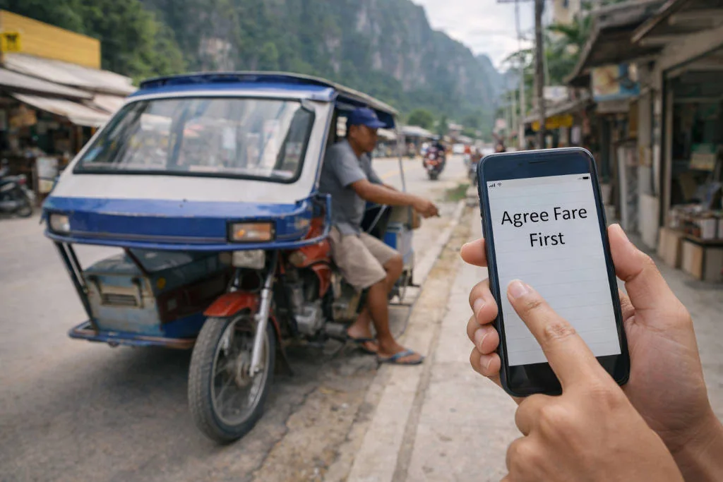 Tricycle transport in El Nido before agreeing on fare, scams in El Nido pricing clarity