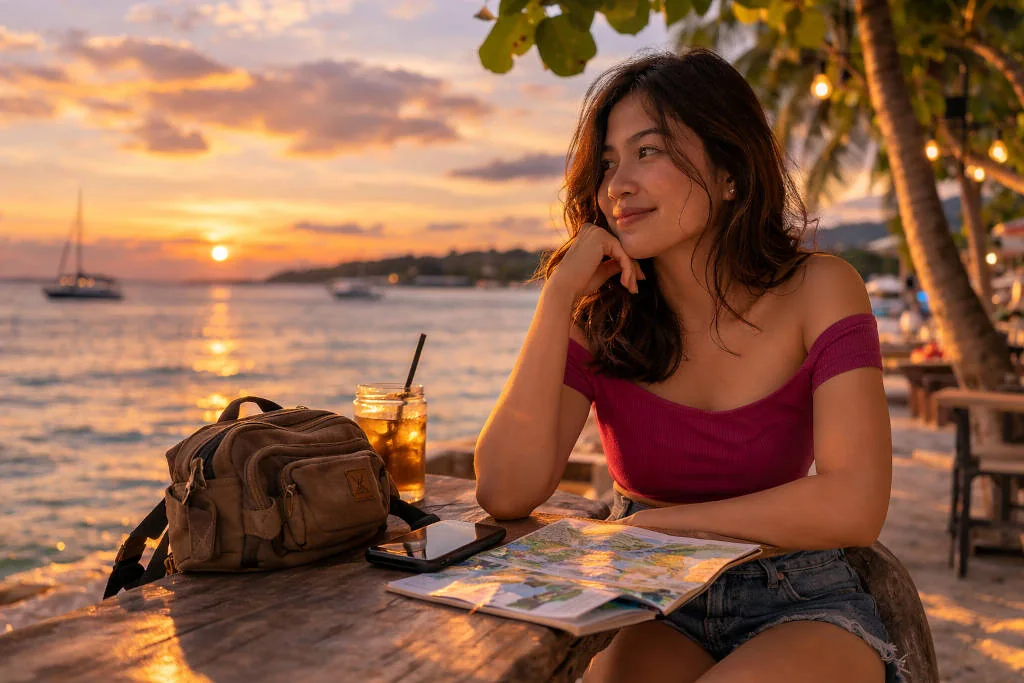 Mika Santos planning solo travel Mactan at a calm seaside table during golden hour