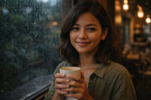 Sorsogon rainy day reset with Mika Santos indoors holding a warm drink