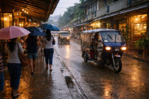 Sorsogon rainy day street scene in Sorsogon City near cafes