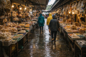 Sorsogon rainy day merienda stops in a covered Sorsogon public market aisle