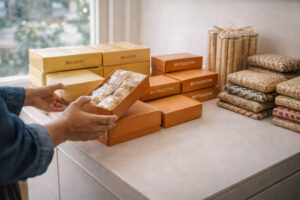 Souvenir Shopping In Iloilo City counter with boxed snacks and woven items