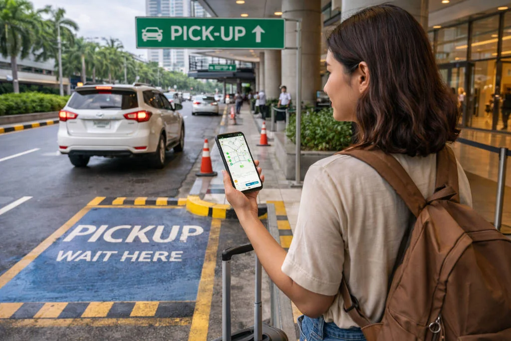  Traveler checking plate number and vehicle details before a Grab ride