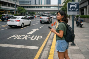 How to Use Grab in the Philippines: Traveler waiting at a marked pickup area while using Grab in the Philippines