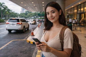 Mika waiting near a marked pickup area before booking a Grab ride