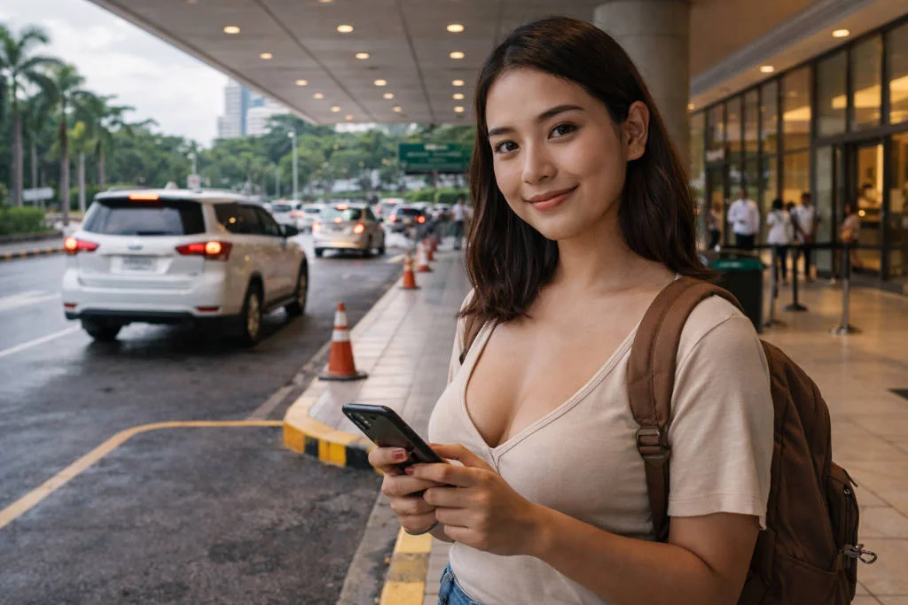 Mika waiting near a marked pickup area before booking a Grab ride