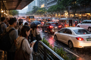 Rainy city traffic in the Philippines during surge pricing and slow matching