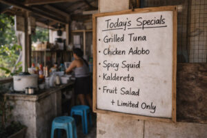 What to Eat in Malapascua with a changing daily menu on an island-style specials board