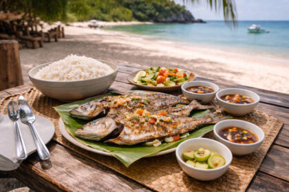 What to Eat in Malapascua with grilled fish, rice, and a calm beachfront setting
