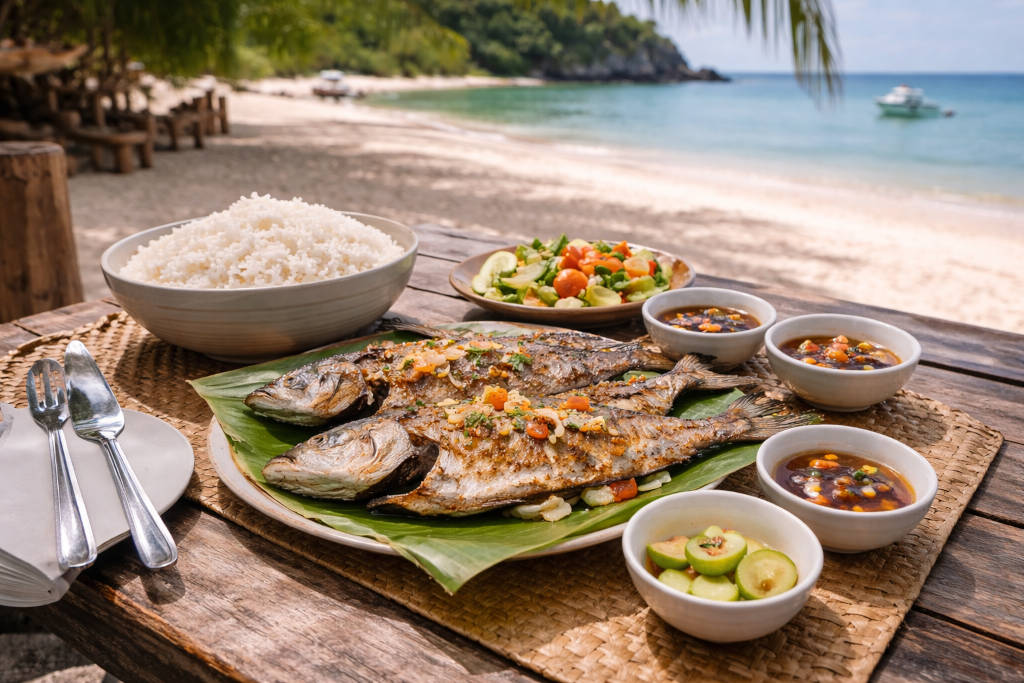 What to Eat in Malapascua with grilled fish, rice, and a calm beachfront setting
