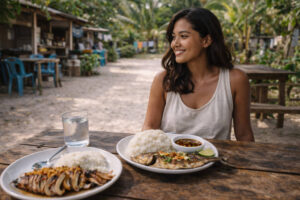 What to Eat in Malapascua with Mika enjoying a calm meal setting outdoors