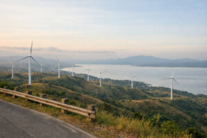 Wide landscape of Windmill Farm Pililla with multiple turbines and rolling hills