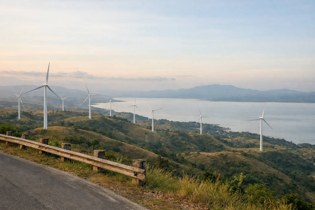 Wide landscape of Windmill Farm Pililla with multiple turbines and rolling hills