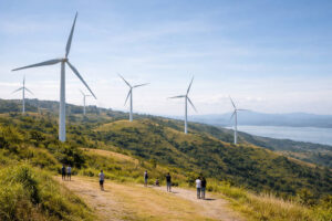 Wide viewpoint showing the scale of turbines at Windmill Farm Pililla